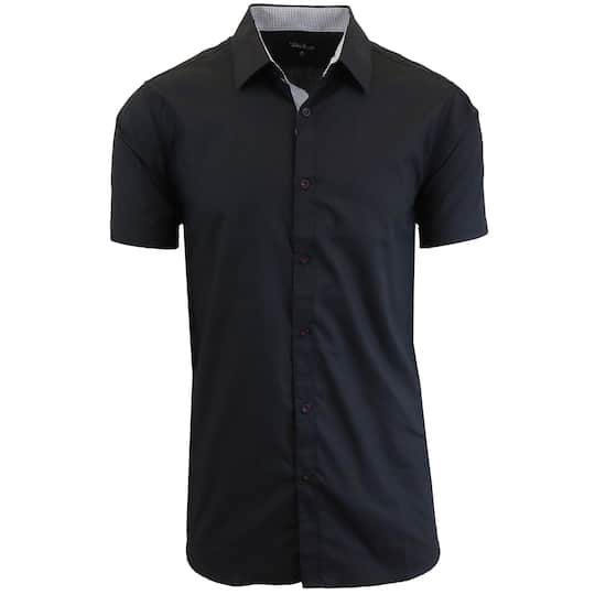 mens short sleeve dress shirts black Perry Ellis Men's Linen Shirt in Kentucky Blue, Size XL, Solid, Regular Guaranteed to be your new favorite shirt to wear by itself Quattro Flex Short Sleeve Button